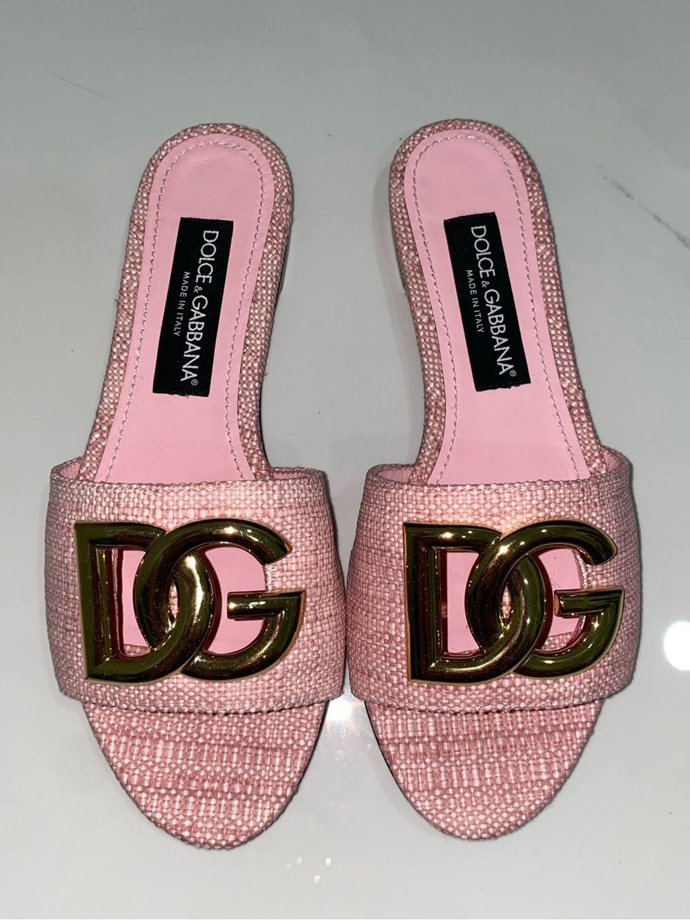 Dolce & Gabbana Pink DG Logo Raffia Slide Sandals- NEW